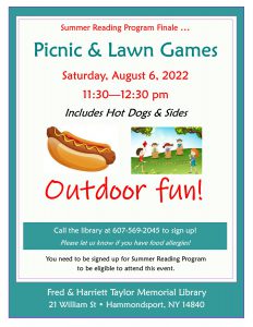 Flier for Picnic and Lawn Games August 6 Summer Reading Program Finale