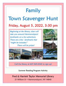 Flier for Family Town Scavenger Hunt Friday Aug 5
