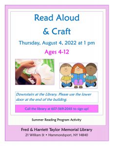 Flier for Read Aloud and Craft Program for ages 4-12 on August 4