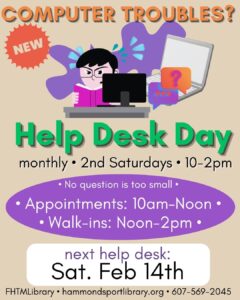 community service once a month; 2nd Saturday; computer help desk open to public