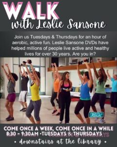 indoor walking exercise class; follow along to Leslie Sansone DVD