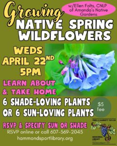 poster for Earth Day class at 5pm about Spring wildflowers; take home 6 plants for $5