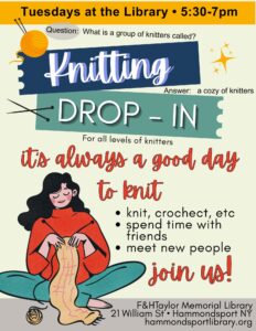 new poster for knitting group that meets every Tuesday at 5:30pm