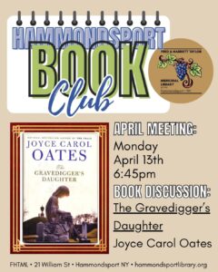 poster for monthly H'port Book Club meeting on Mon April 13 at 6:45pm