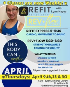 poster for fitness classes held 4 Thurs per month from 5-6:30pm