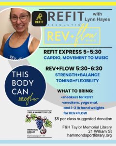 poster for fitness classes on designated Thursdays with Lynn Hayes at 5pm