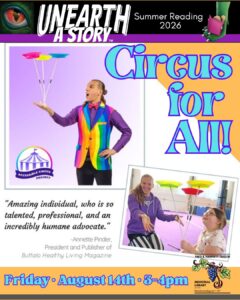 poster for Circus For All event on Thursday August 14th from 1*2pm to learn circus tricks
