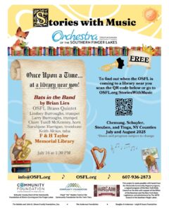 poster for a brass quintent performance at the library on June 16th  at 1:30pm