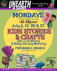poster for Monday story/craft time this summer from 11-12pm