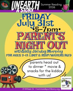 poster for Parent's Night Out on Friday July 31st from 5-7pm