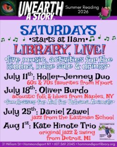 poster for live music on the lawn on Saturdays during July at the library starting at 11am