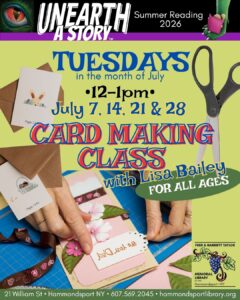 poster for a greeting card making class every Tuesday in July from 12-1pm