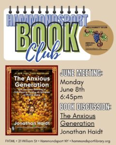 poster for book club's monthly meeting Monday June 8th at 6:45pm
