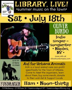poster for the concert on July 18 at 11am featuring Oliver Burdo; also a fundraiser for local non-profit Aid for Urbana Animals