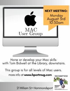 poster for a Mac User Group meeting on Monday Aug 3 at 10:30am