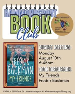 poster for monthly Hport Book Club meeting on Mon Aug 10 at 6:45pm