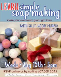 poster for a simple soap making class with Sally on Aug 19 at 5pm