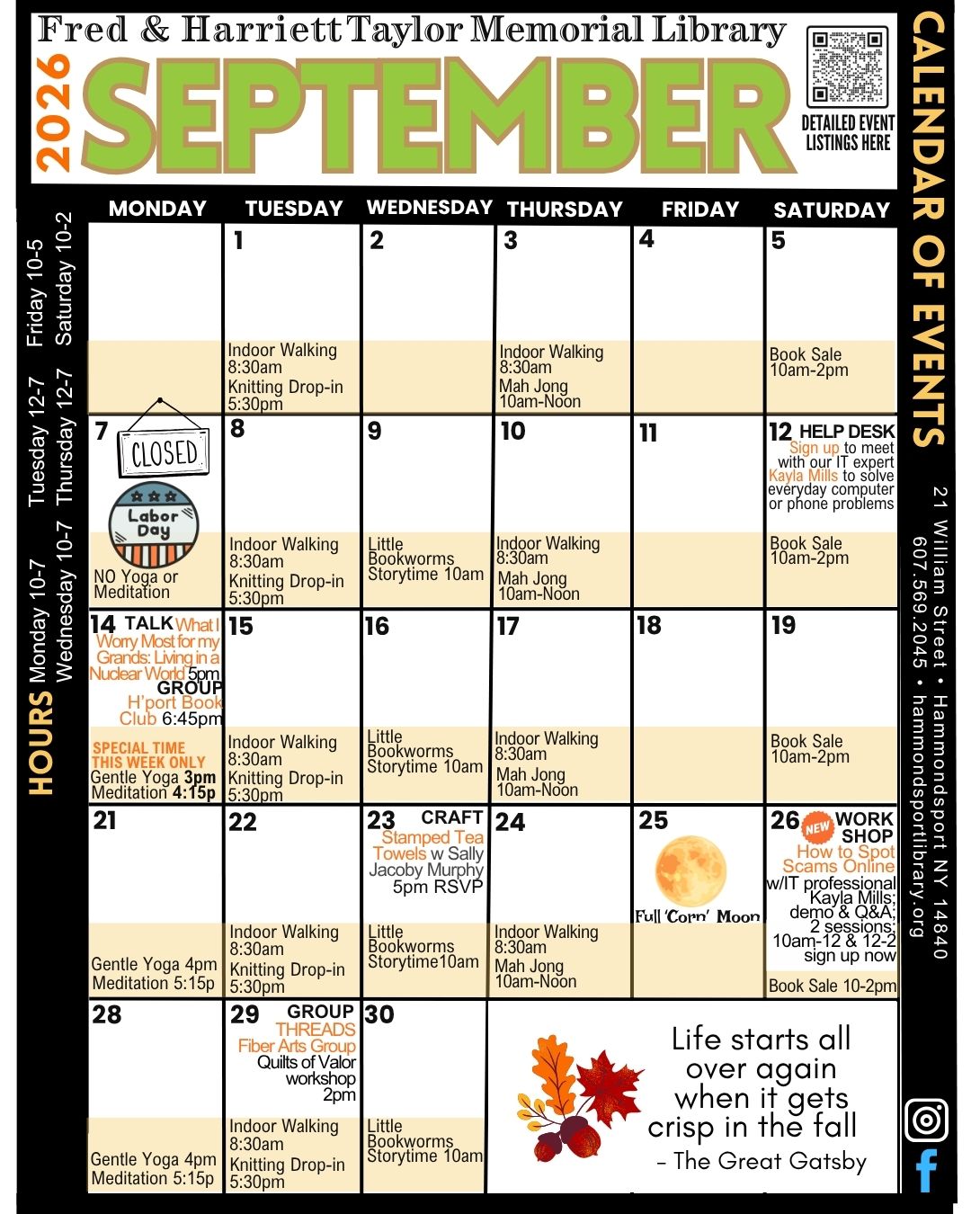 literal calendar of the month of Sept 2026 with events listed for each day