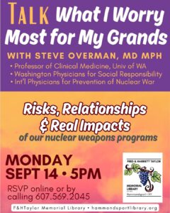 a poster for a talk about nuclear weapons & the impact they'll have on coming generations from a physician's viewpoint on Mon Sept 14 at 5pm