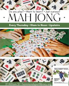 poster for mah jong playing every Thursday from 10am-Noon