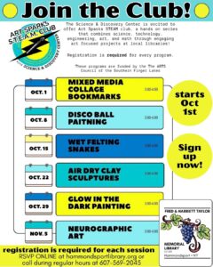 a poster for a series of STEAM classes held every Thursday from Oct 1-Nov 5th from 3-4pm for ages 5-13