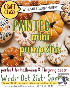 poster for a craft class on Weds Oct 21 to make painted mini pumpkins