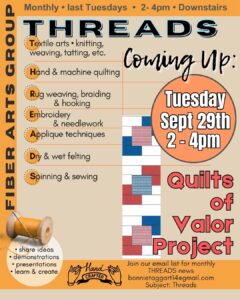 fiber arts group meeting on Sept 29th at 1pm for Quilts of Valor project