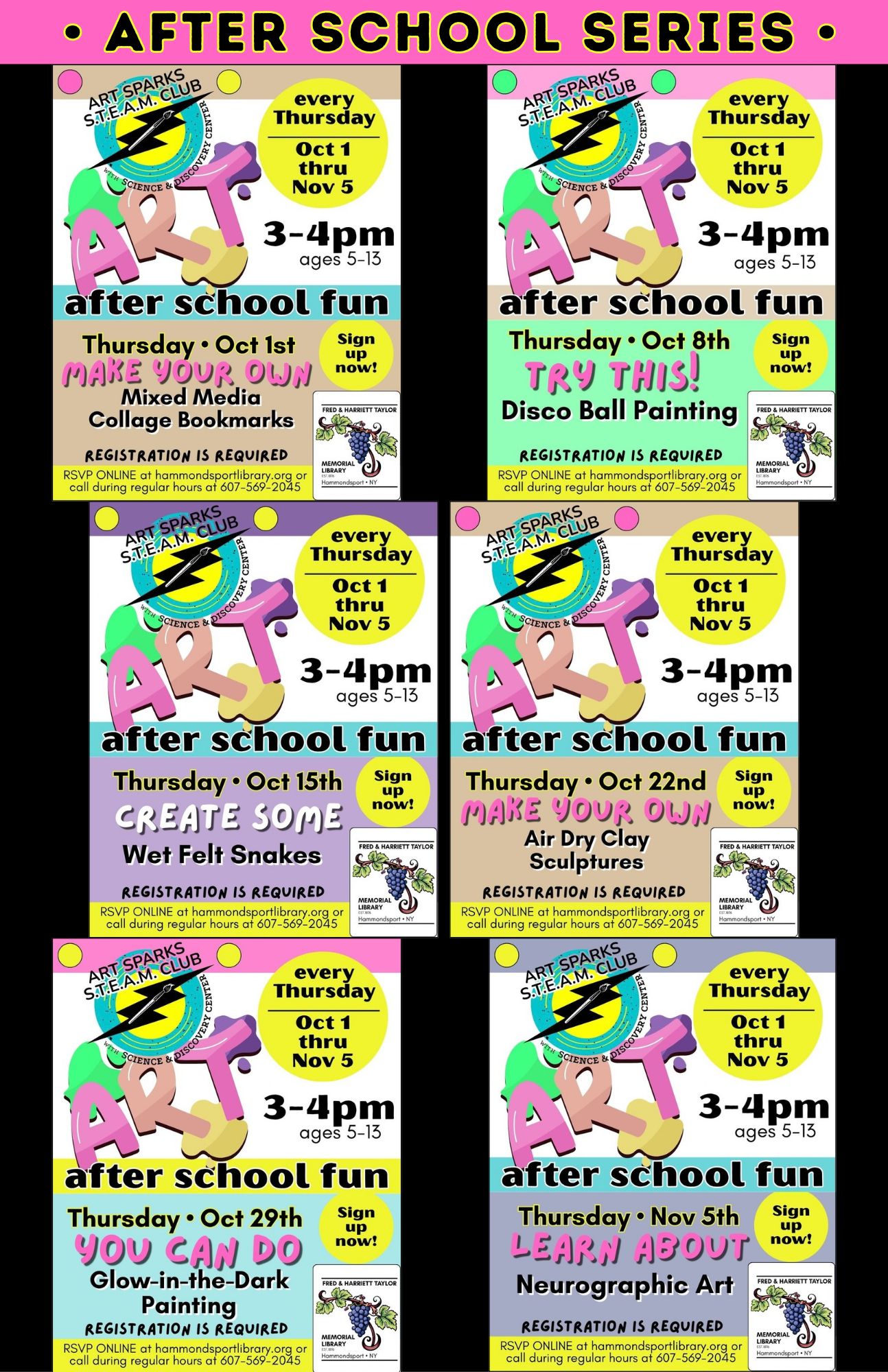 poster for a series of after school art classes offered every Thursday from Oct 1 to Nov 5th at 3pm