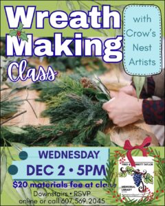 poster for a holiday wreath making class on Wed Dec 2 at 5pm. There's a $20 fee