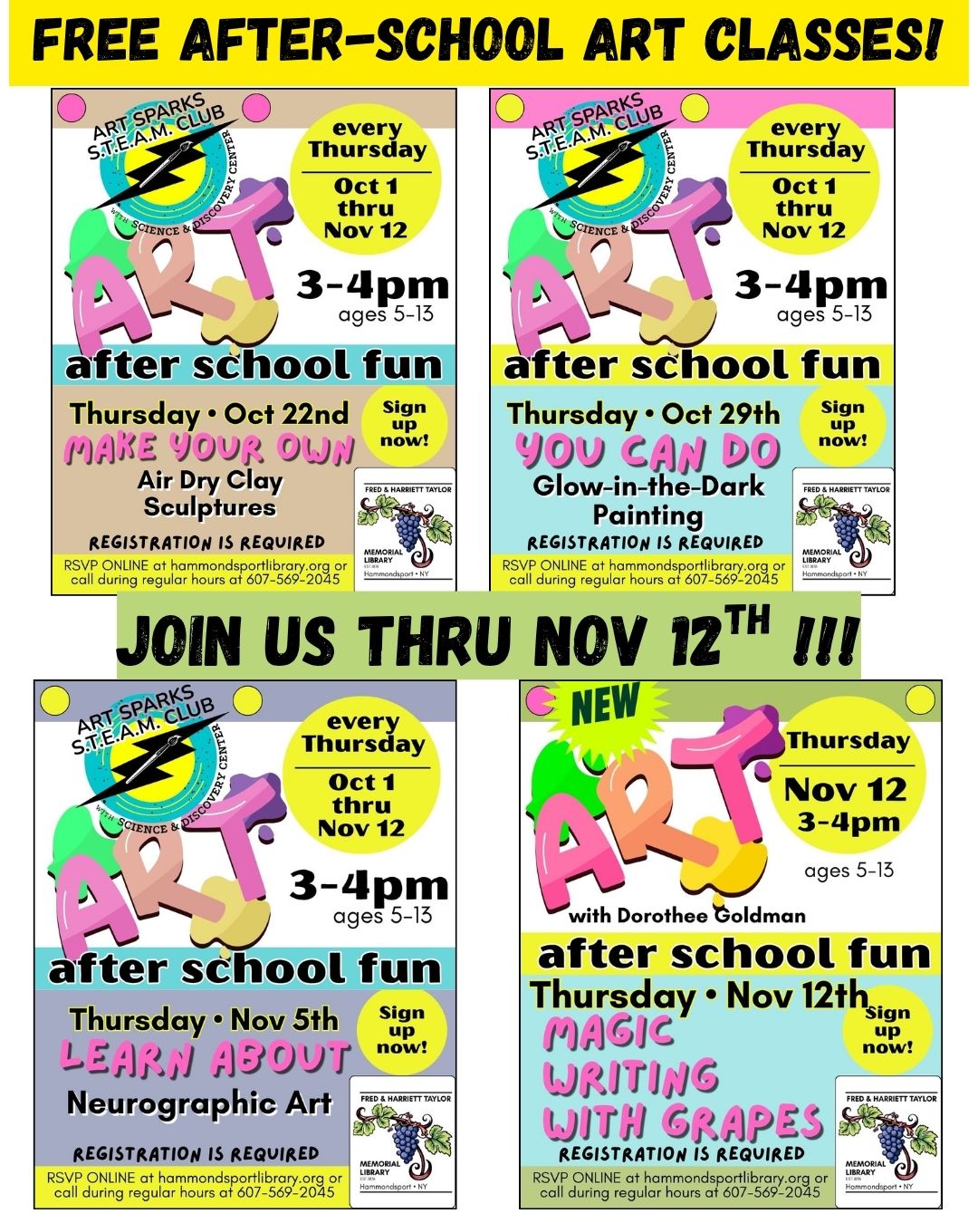 poster for after school art classes Thursdays at 3 pm running thru Nov 12th