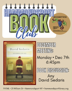poster for Dec 7th monthly book club meeting at 6:45pm reading David Sedaris