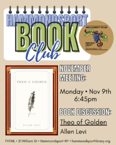 poster for monthly book club meeting on Nov 9th at 6:45pm reading Theo of Golden