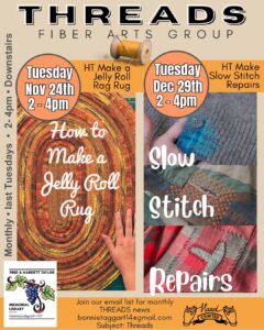 poster for Threads Fiber Arts meeting on Tuesday Dec 29 at 2pm to learn slow stitching repair techniques