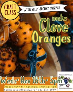 poster for craft class making clove oranges on Weds Nov 18 at 5pm