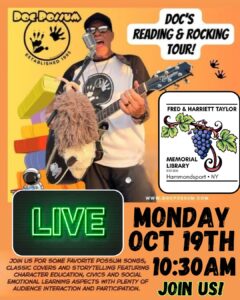 poster for live music & stories with Doc Possum Monday Oct 19 at 10:30am